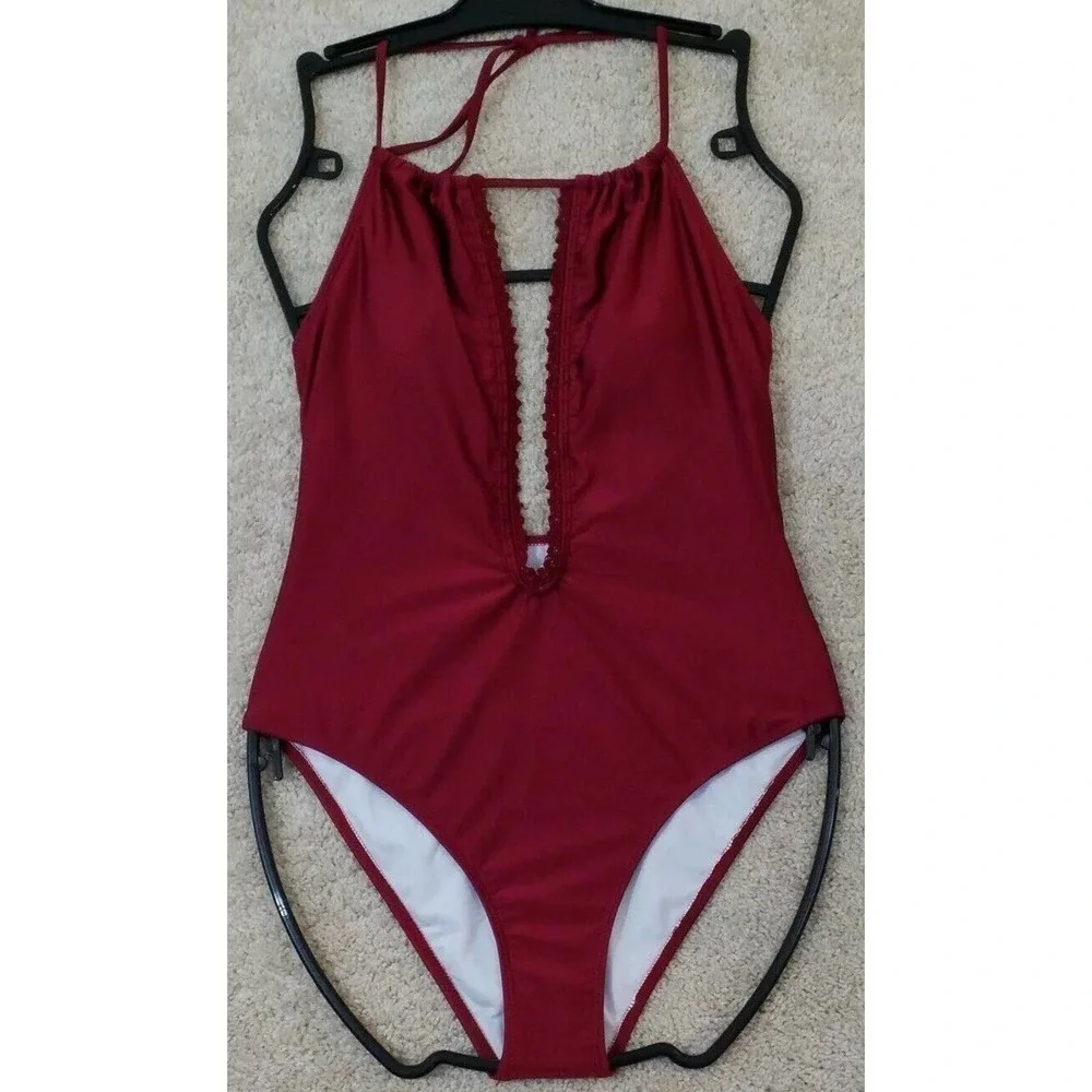 Cupshe Burgundy Deep V Ruffle One-Piece Swimsuit